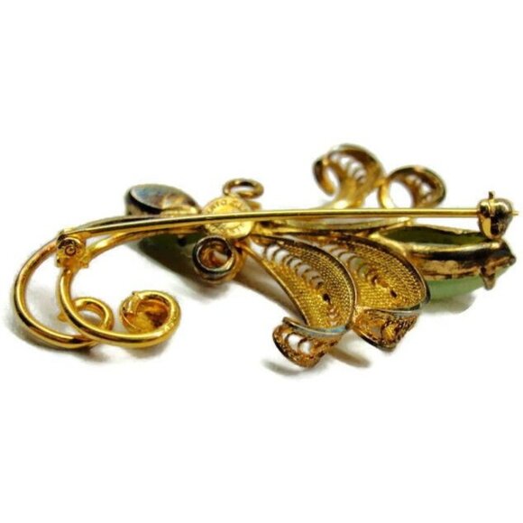Sorrento Jade Flower Gold Plated 925 Sterling Silver Brooch - Picture 7 of 11